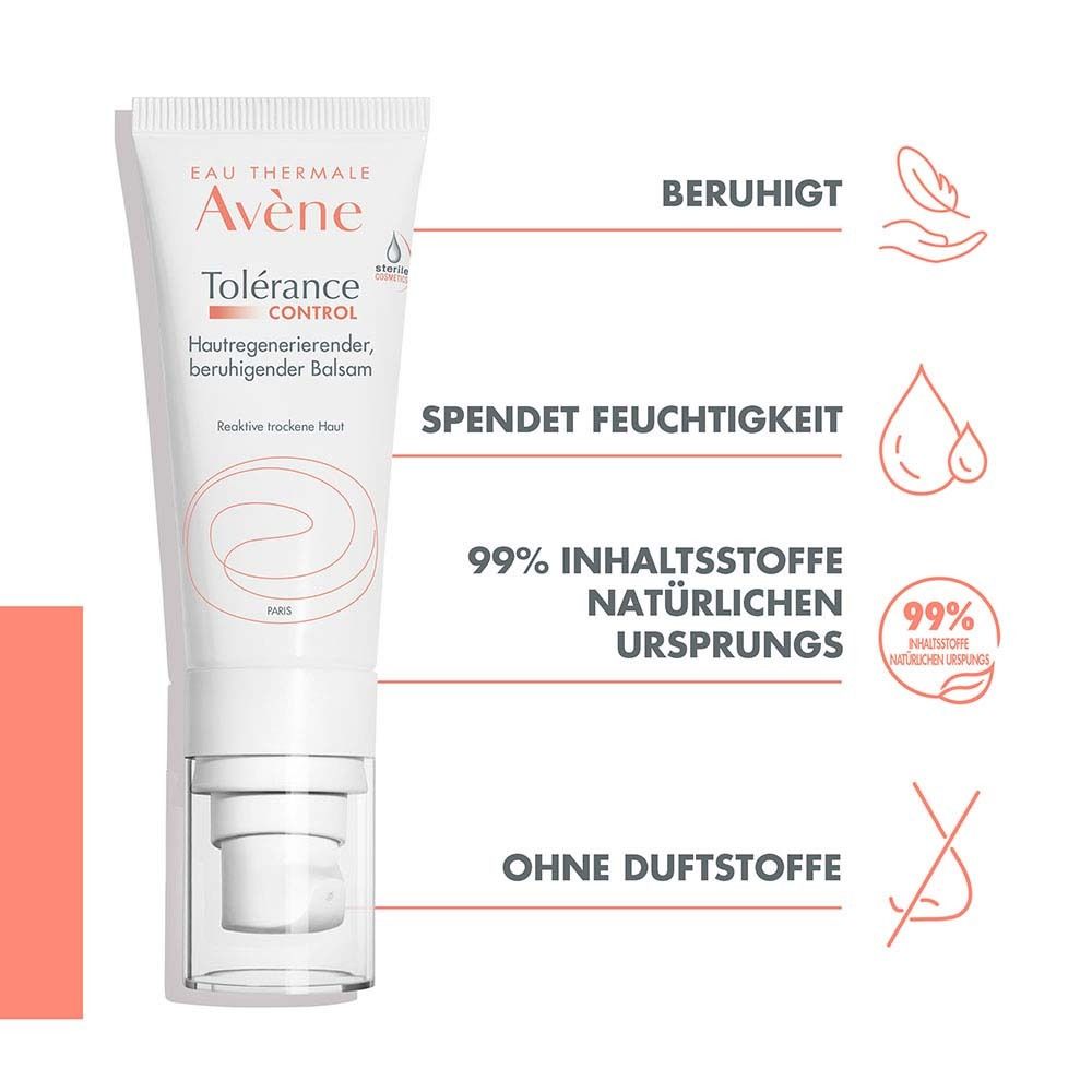 Weiße Tube Avène Tolérance Control Balsam. Text: Hautregenerierend, beruhigender Balsam. Icons: Beruhigt, spendet Feuchtigkeit, 99% natürlichen Ursprungs.