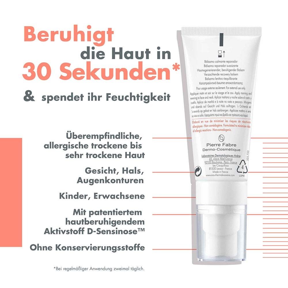 Rückseite der Avène Tolérance Control Balsam-Tube. Text: Beruhigt die Haut in 30 Sekunden & spendet ihr Feuchtigkeit. Für überempfindliche Haut.