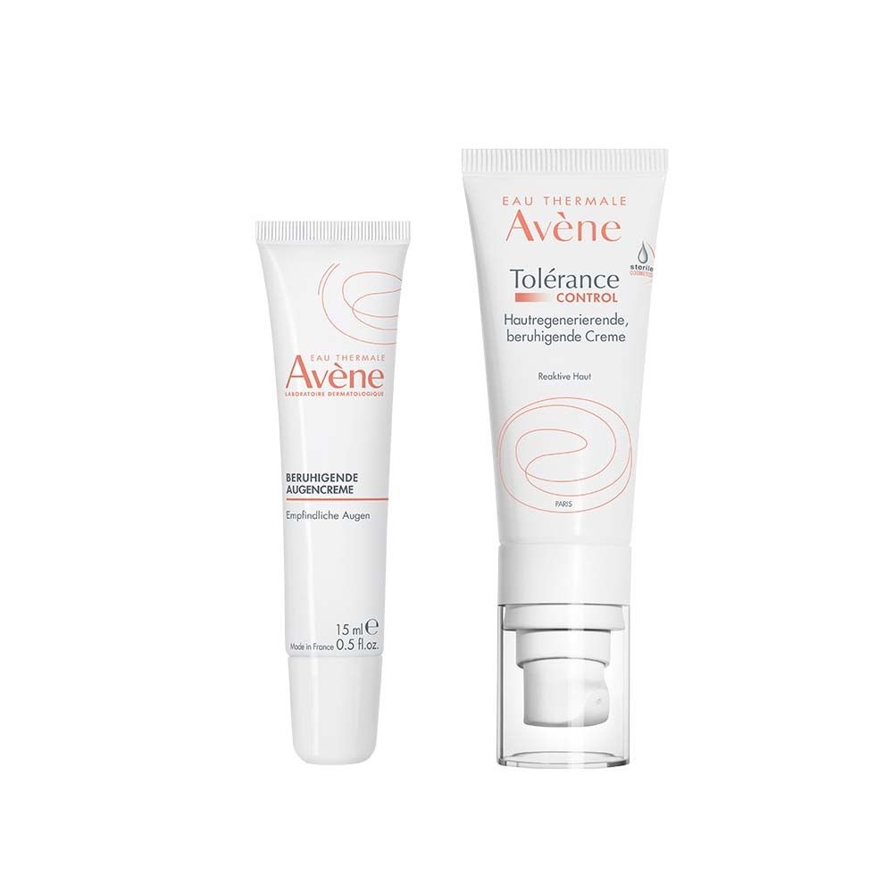 Zwei Tuben Avène-Creme. Links: Tolérance Control Creme mit Spender. Rechts: Beruhigende Augencreme, 15 ml. Beide weiß mit Schriftzug.