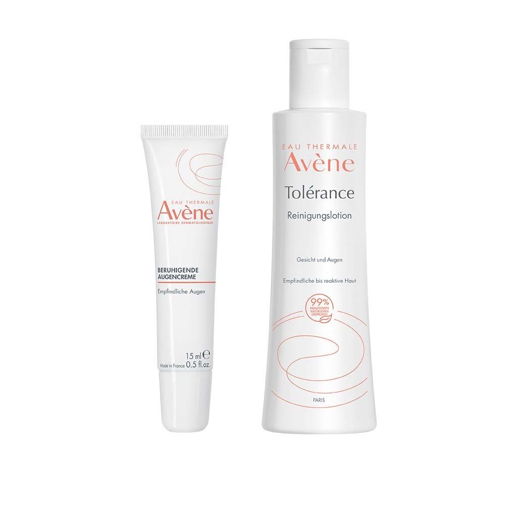 Zwei weiße Tuben und Flaschen. Eine Flasche mit "Avène Tolérance Reinigungslotion". Eine Tube mit "Avène Beruhigende Augencreme".