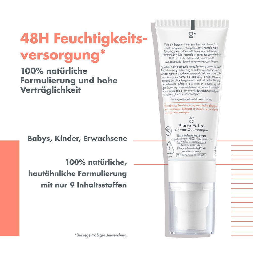 Rückseite der Feuchtigkeitsfluid-Tube. Text: 48H Feuchtigkeitsversorgung, 100% natürliche Formulierung. Hersteller: Pierre Fabre.