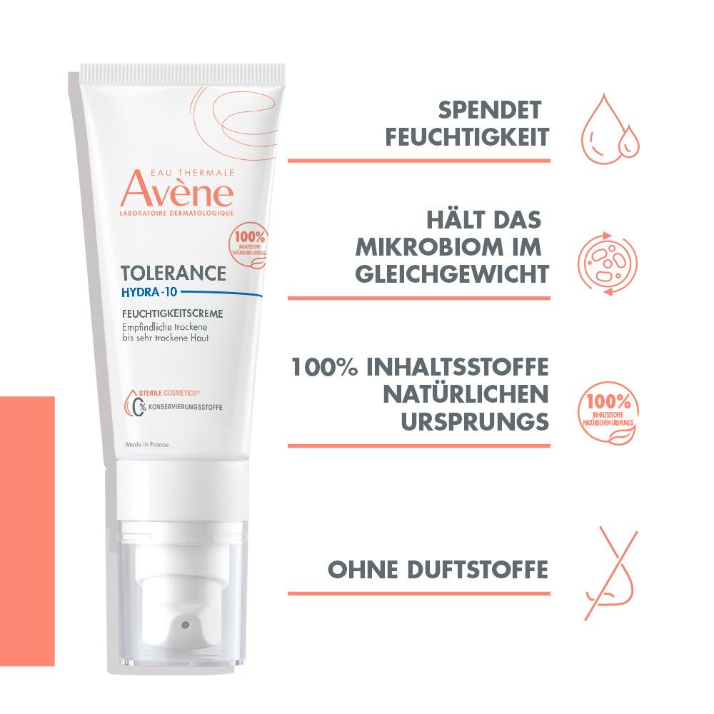 Weiße Tube Avène Feuchtigkeitscreme mit Spender. Text: Tolerance Hydra-10, Feuchtigkeitscreme, empfindliche Haut. Illustrationen: Tropfen, Bakterien, 100%.