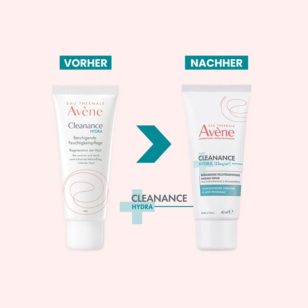 Zwei Avène Cleanance Hydra Tuben, die eine Verbesserung der Hautfeuchtigkeit zeigen.