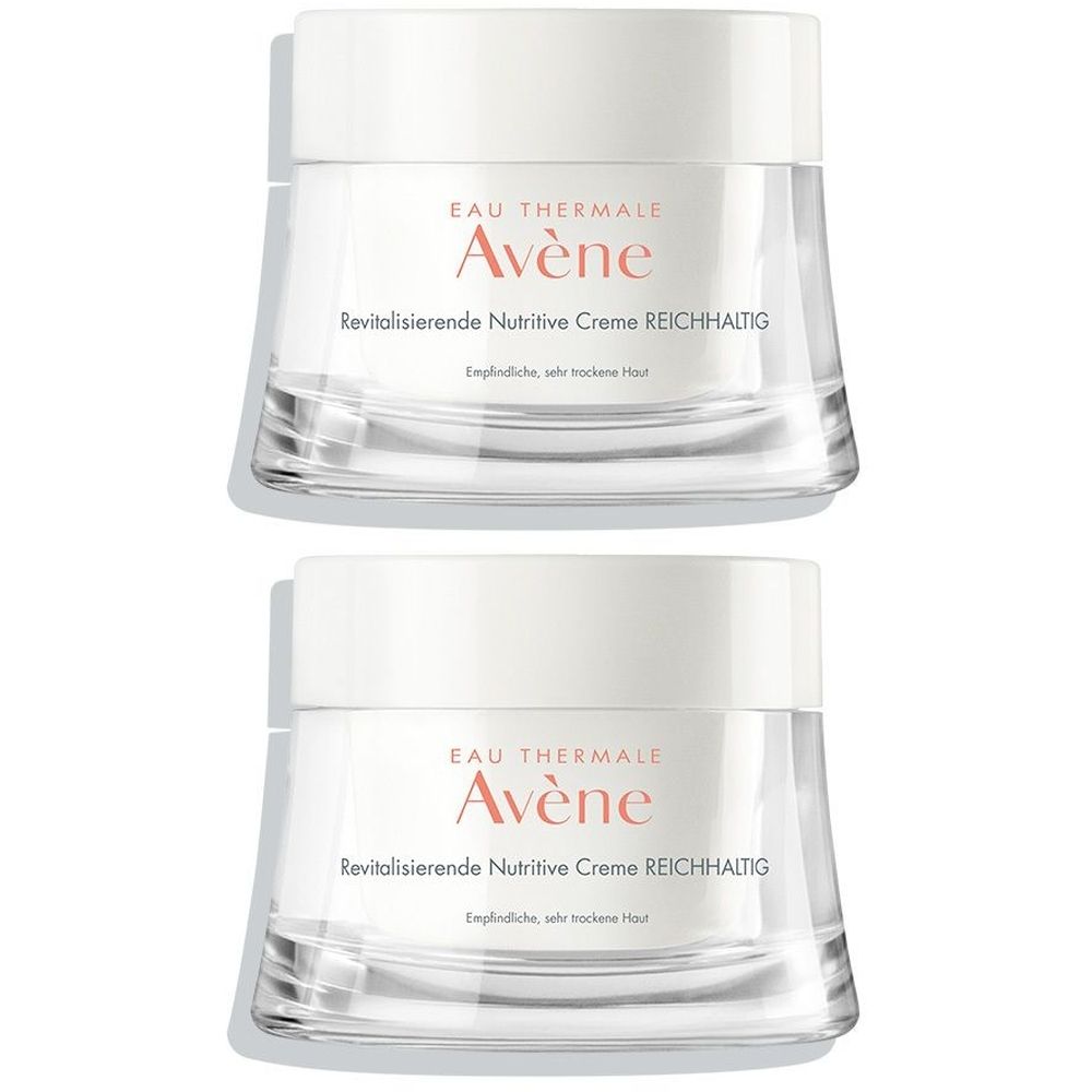 Zwei Cremetiegel mit weißem Deckel und transparentem Glas. Aufschrift: Eau Thermale Avène, Revitalisierende Nutritive Creme REICHHALTIG.