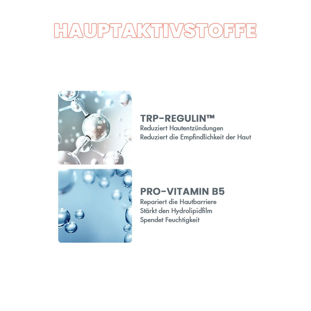 Molekülstrukturen von TRP-REGULIN und PRO-VITAMIN B5 aus Avène Cicalfate+ Serum.
