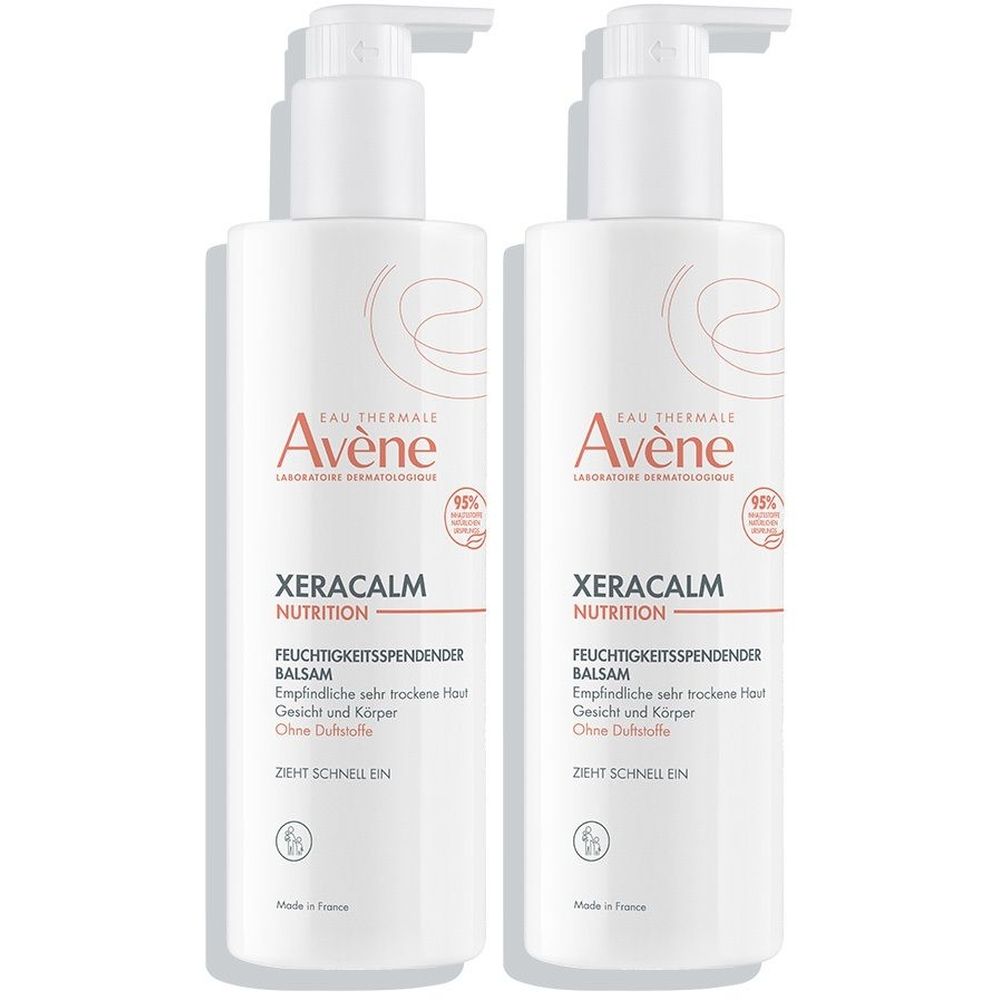 Zwei weiße Flaschen mit Pumpverschluss. Aufschrift: Avène XeraCalm Nutrition Feuchtigkeitsspendender Balsam für sehr trockene Haut.