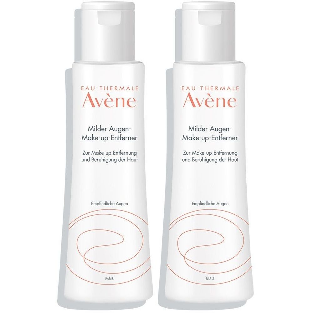 Zwei weiße Flaschen mit Klappdeckel. Aufschrift: Avène, Milder Augen-Make-up-Entferner. Für empfindliche Augen.