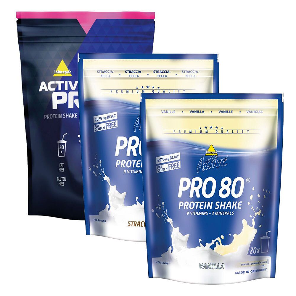 Drei Beutel Inkospor Active Pro 80 Protein Shake. Aufschrift: Vanille, Stracciatella. Enthält 9 Vitamine und 3 Mineralien. Glutenfrei.