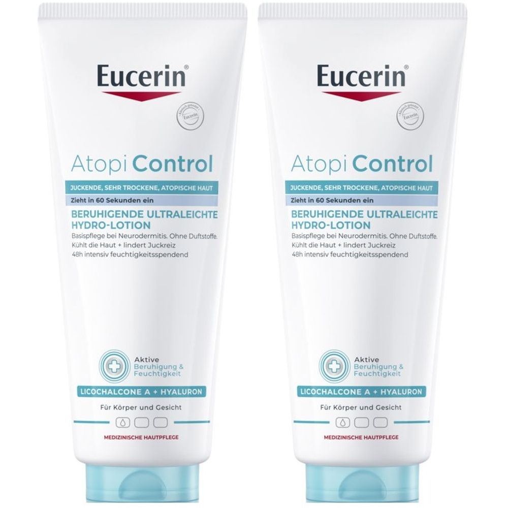 Zwei Tuben Eucerin AtopiControl Hydro-Lotion. Weiße Tuben mit blauer Schrift und Logo. Text: Beruhigende ultraleichte Hydro-Lotion.