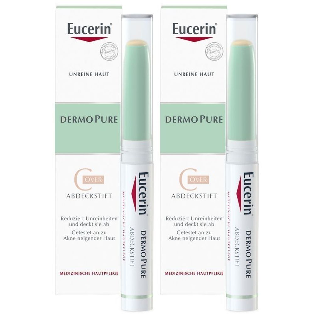 Zwei Eucerin DermoPure Abdeckstifte mit Verpackung. Weiß, grün und rot. Text: Unreine Haut, Cover, Abdeckstift.