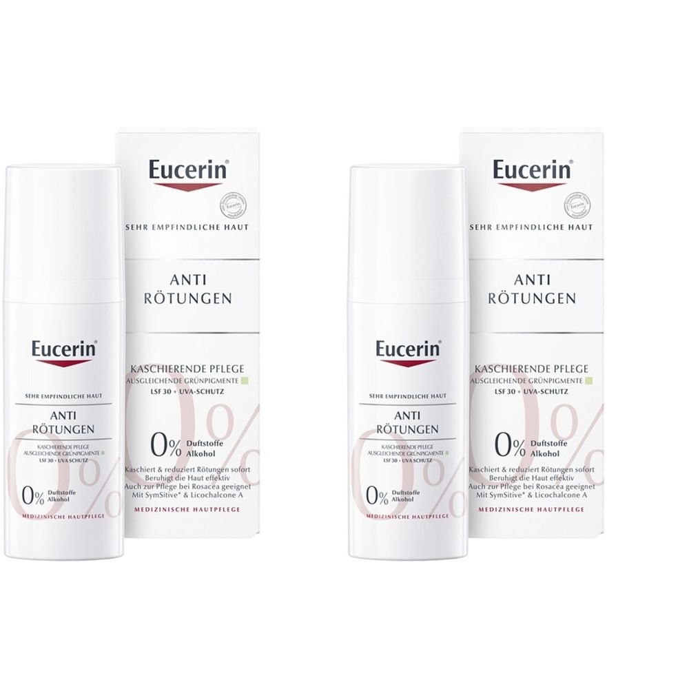 Zwei weiße Flaschen und Verpackungen. Aufschrift: Eucerin, Anti Rötungen, Kaschierende Pflege, LSF 30. 0% Duftstoffe, 0% Alkohol.