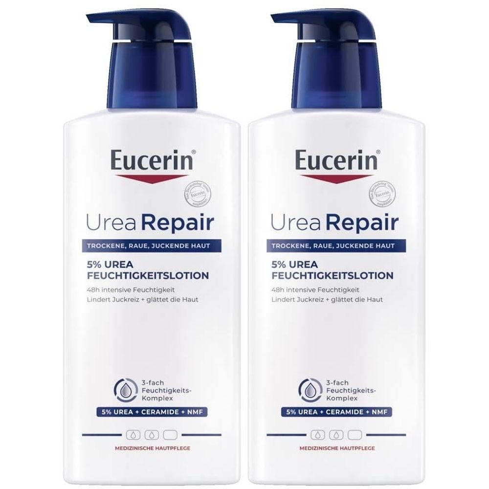 Zwei weiße Lotionflaschen mit blauen Pumpköpfen. Aufschrift: Eucerin Urea Repair, 5% Urea Feuchtigkeitslotion. Medizinische Hautpflege.