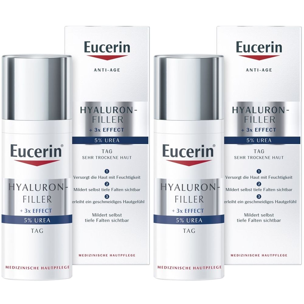 Mehrere Flaschen und Verpackungen von Eucerin Hyaluron-Filler. Die Flaschen haben silberne Deckel und weiße Etiketten mit roter Schrift.
