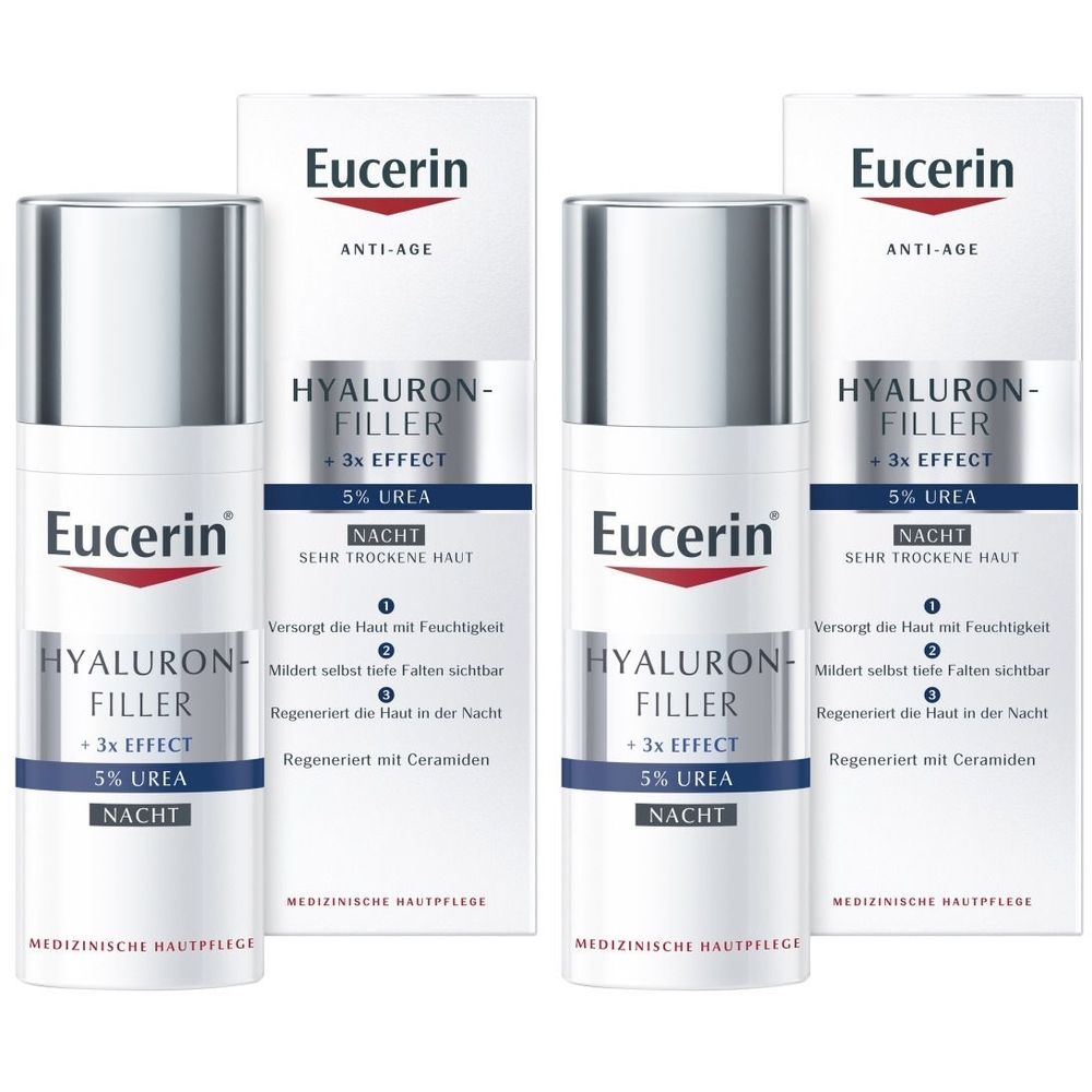 Mehrere Flakons und Verpackungen. Aufschrift: Eucerin, Hyaluron-Filler +3x Effect, 5% Urea, Nacht. Für sehr trockene Haut.