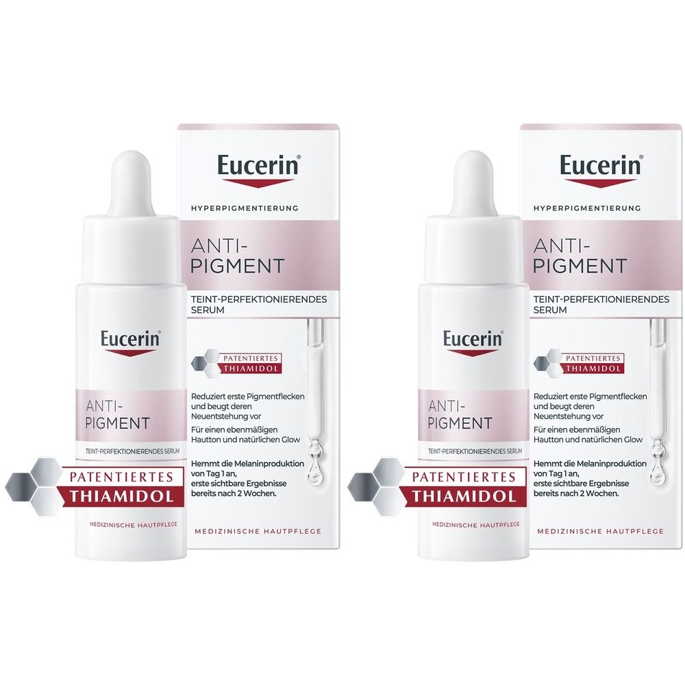 Zwei Flakons und Verpackungen. Aufschrift: Eucerin Anti-Pigment Serum. Enthält Thiamidol. Rosa und weiße Verpackung.