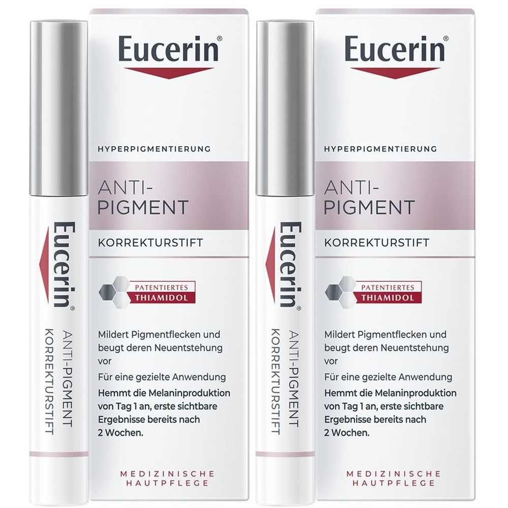 Zwei Stifte und Verpackungen. Aufschrift: Eucerin Anti-Pigment Korrekturstift. Enthält Thiamidol. Medizinische Hautpflege.
