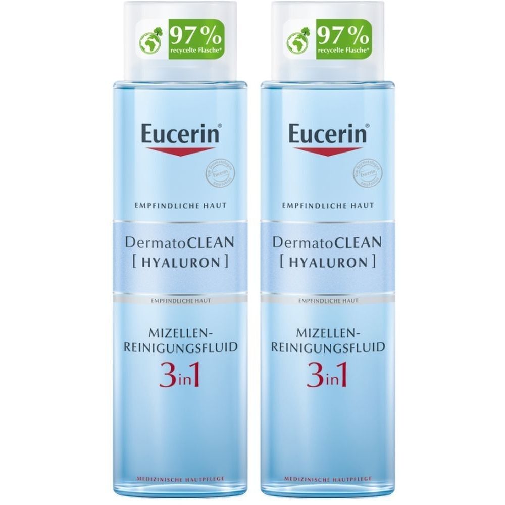 Zwei Flaschen Eucerin DermatoClean Mizellen-Reinigungsfluid 3 in 1. Aufschrift: 97% recycelte Flasche. Für empfindliche Haut.