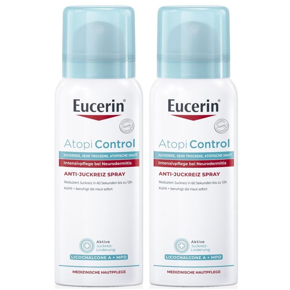 Zwei Sprays mit weißem Behälter, blauem Deckel. Aufschrift: Eucerin, Atopi Control, Anti-Juckreiz Spray. Medizinische Hautpflege.