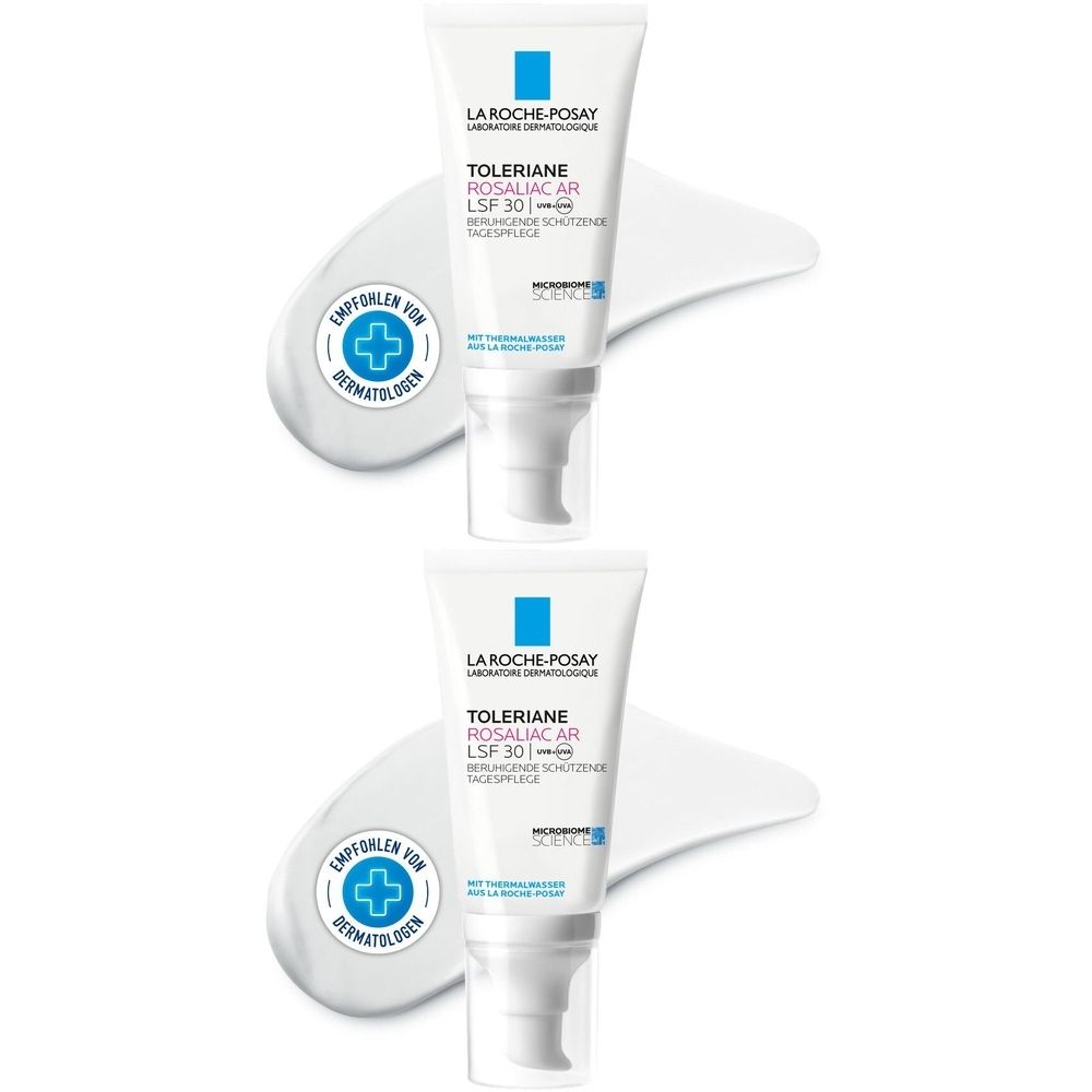 Zwei Tuben La Roche-Posay Toleriane Rosaliac AR LSF 30. Weiße Tuben mit blauer Schrift. Auf weißem Untergrund.