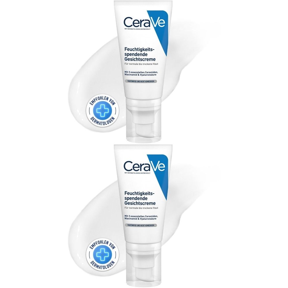 Zwei weiße Tuben CeraVe Feuchtigkeitspflege mit blauem Logo und Text, umgeben von Creme. Dermatologen-Empfehlung.