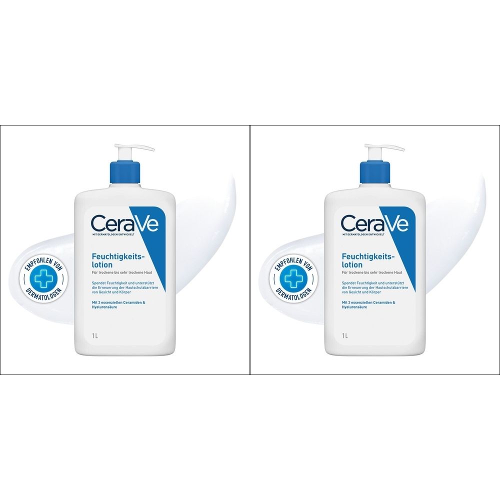 Zwei weiße Flaschen CeraVe Feuchtigkeitslotion mit blauem Pumpkopf. Aufschrift: Feuchtigkeitslotion, 1L. Mit Dermatologen entwickelt.