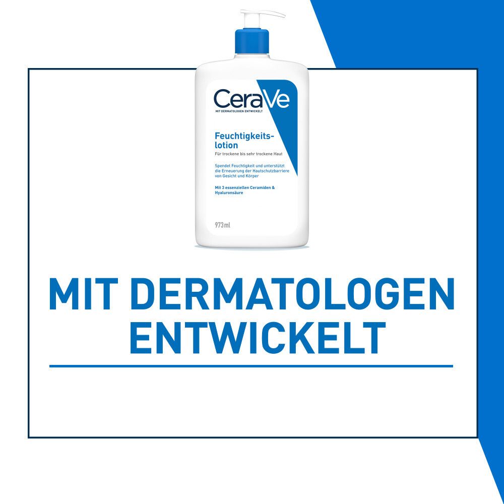 CeraVe Feuchtigkeitslotion. Flasche mit blauem Deckel. Aufschrift: Feuchtigkeitslotion. Mit Dermatologen entwickelt.