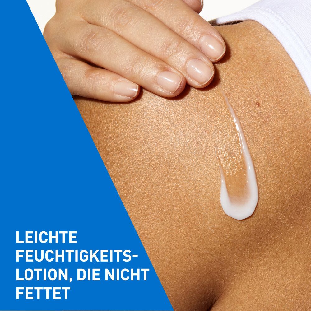 Creme auf Haut aufgetragen. Text: Leichte Feuchtigkeitslotion, die nicht fettet.