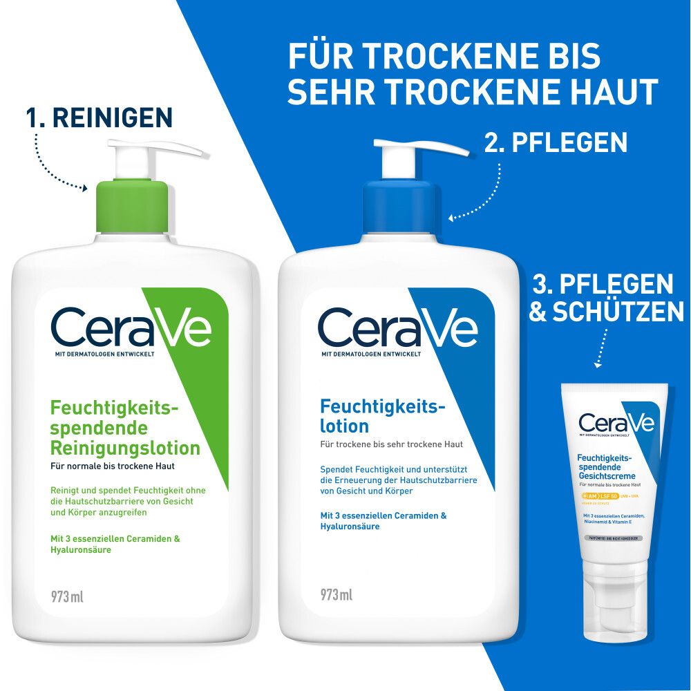 Drei CeraVe Produkte. Feuchtigkeitsspendende Reinigungslotion, Feuchtigkeitslotion und Sonnencreme. Für trockene bis sehr trockene Haut.