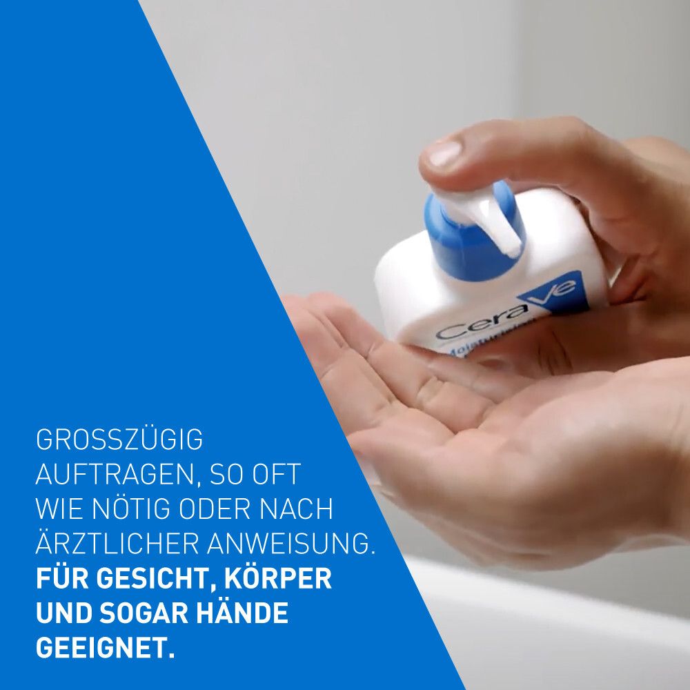 Person gibt CeraVe Feuchtigkeitslotion auf die Hand. Text: Für Gesicht, Körper und sogar Hände geeignet.