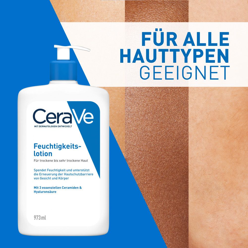 CeraVe Feuchtigkeitslotion. Flasche mit blauem Deckel. Text: Für alle Hauttypen geeignet.