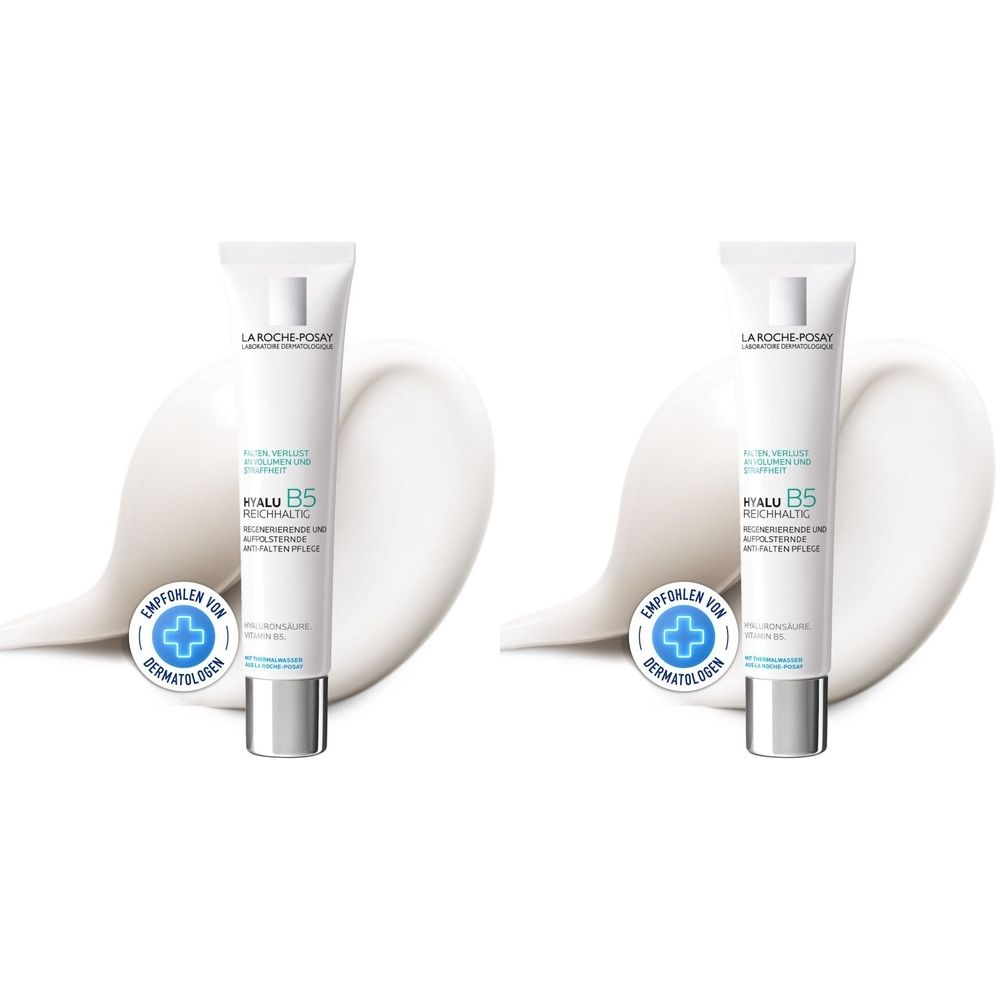Zwei Tuben La Roche-Posay Hyalu B5 reichhaltige Pflegecreme. Weiße Tuben mit blauer und grüner Schrift. Dermatologisch getestet.