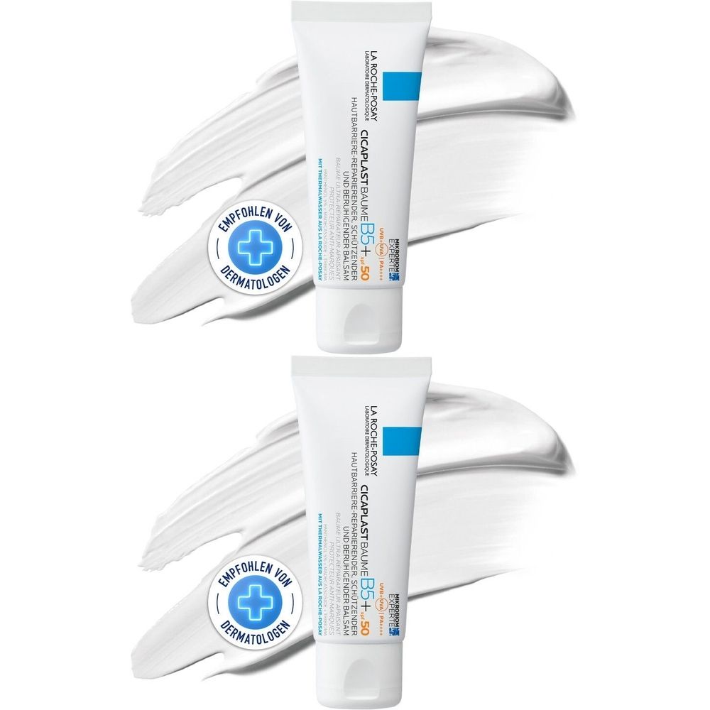 Zwei Tuben mit weißer Creme. Aufschrift: LA ROCHE-POSAY CICAPLAST BAUME B5+ LSF 50. Empfohlen von Dermatologen.