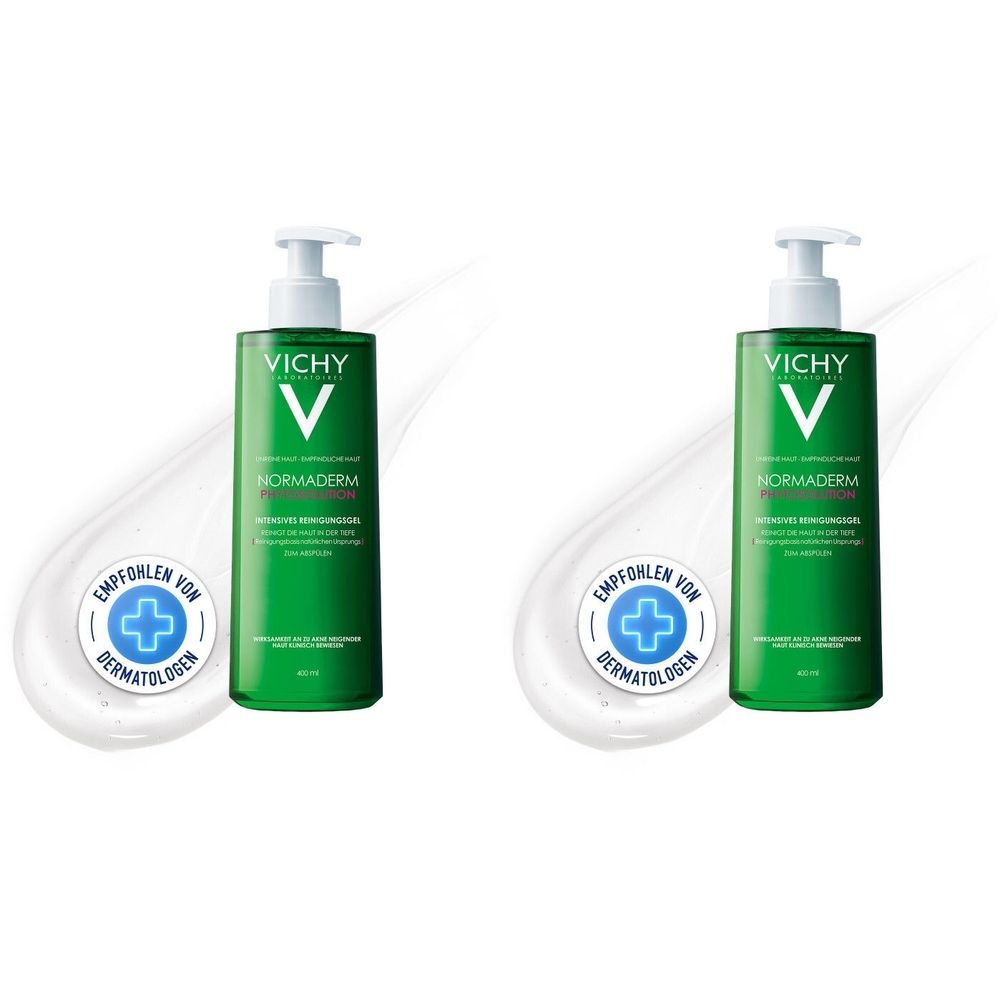 Zwei grüne Flaschen mit weißem Pumpkopf. Aufschrift: Vichy, Normaderm. Darunter ein weißer Klecks und ein Logo.