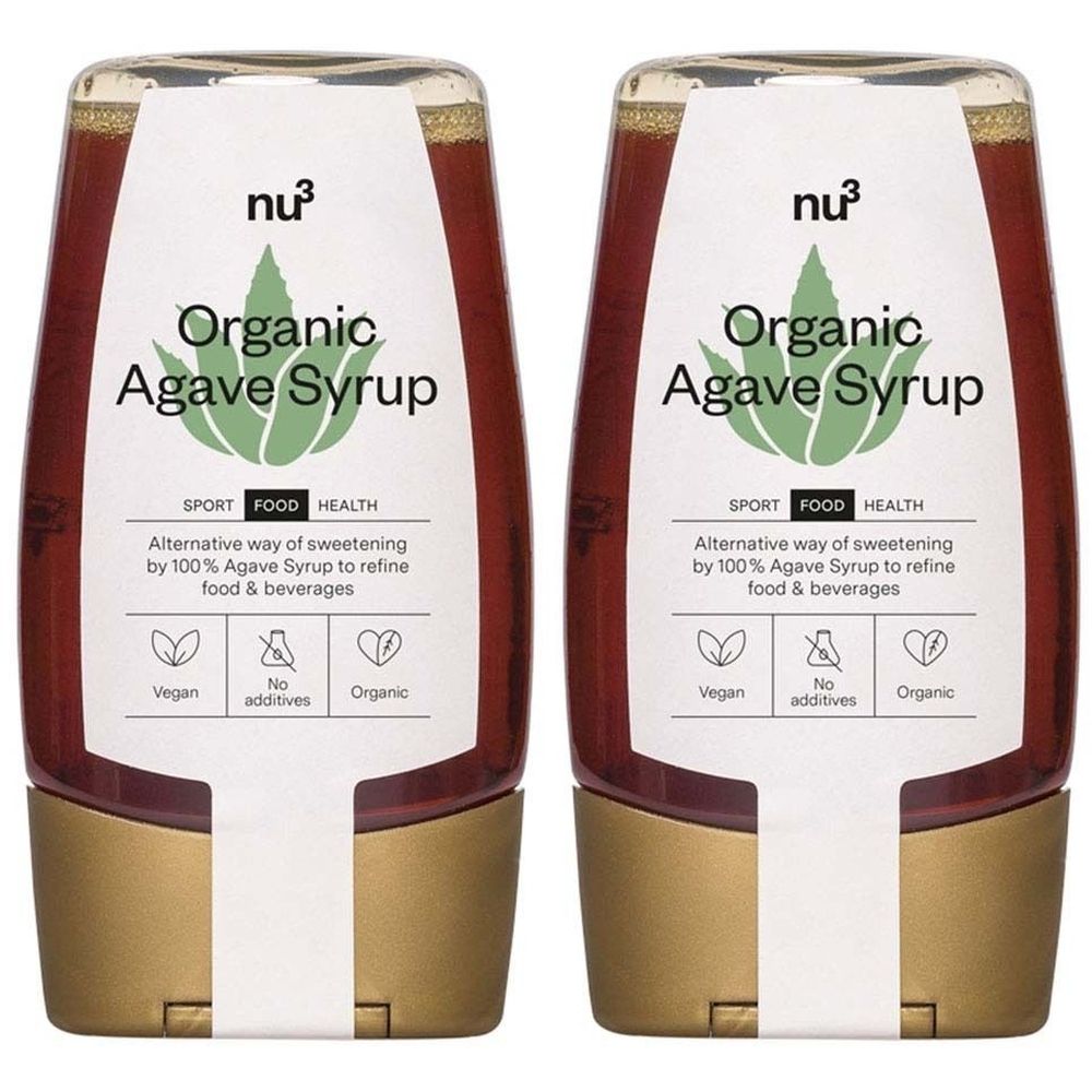 Zwei Flaschen mit Agavendicksaft. Aufschrift: nu3 Organic Agave Syrup. Vegan, ohne Zusatzstoffe, Bio.