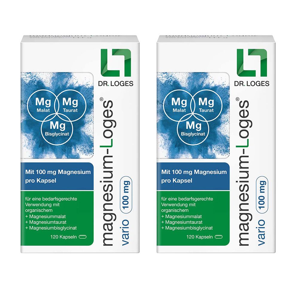 Zwei Packungen Magnesium-Loges vario 100 mg. Weiße Schachteln mit blauen Akzenten und Produktinformationen.