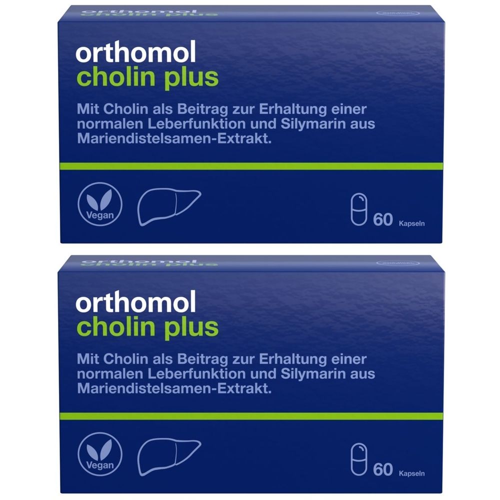 Zwei Schachteln Orthomol Cholin Plus. Blaue Verpackung mit weißer Schrift. Enthält 60 Kapseln. Vegan-Logo und Leber-Symbol.