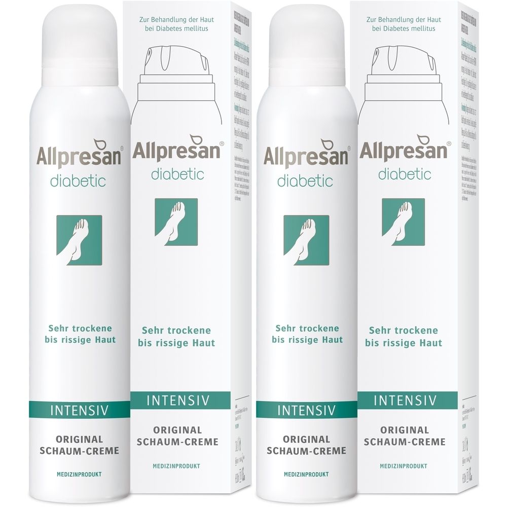 Mehrere weiße Sprühdosen und Kartons von Allpresan diabetic INTENSIV Schaum-Creme. Text: Sehr trockene bis rissige Haut.