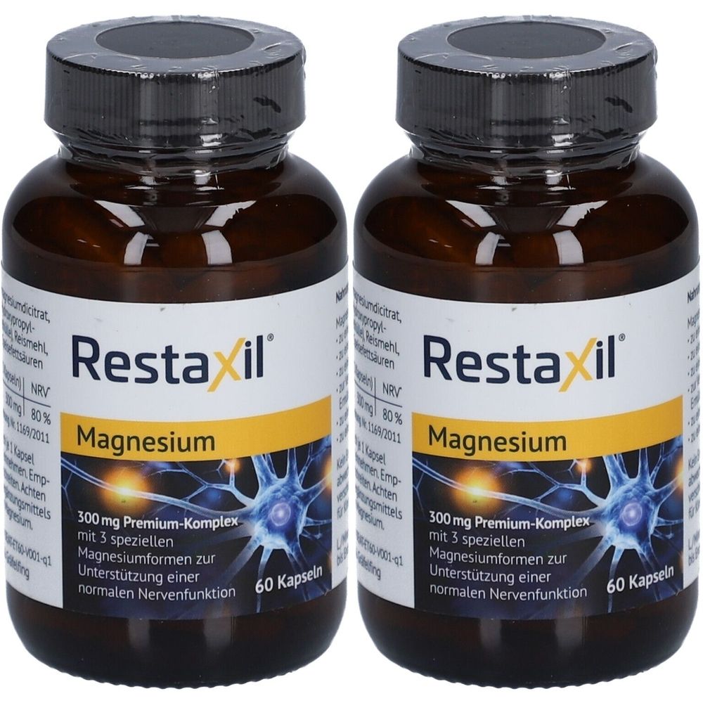 Zwei braune Flaschen mit schwarzen Deckeln. Auf den Etiketten steht "Restaxil Magnesium". Jede Flasche enthält 60 Kapseln.