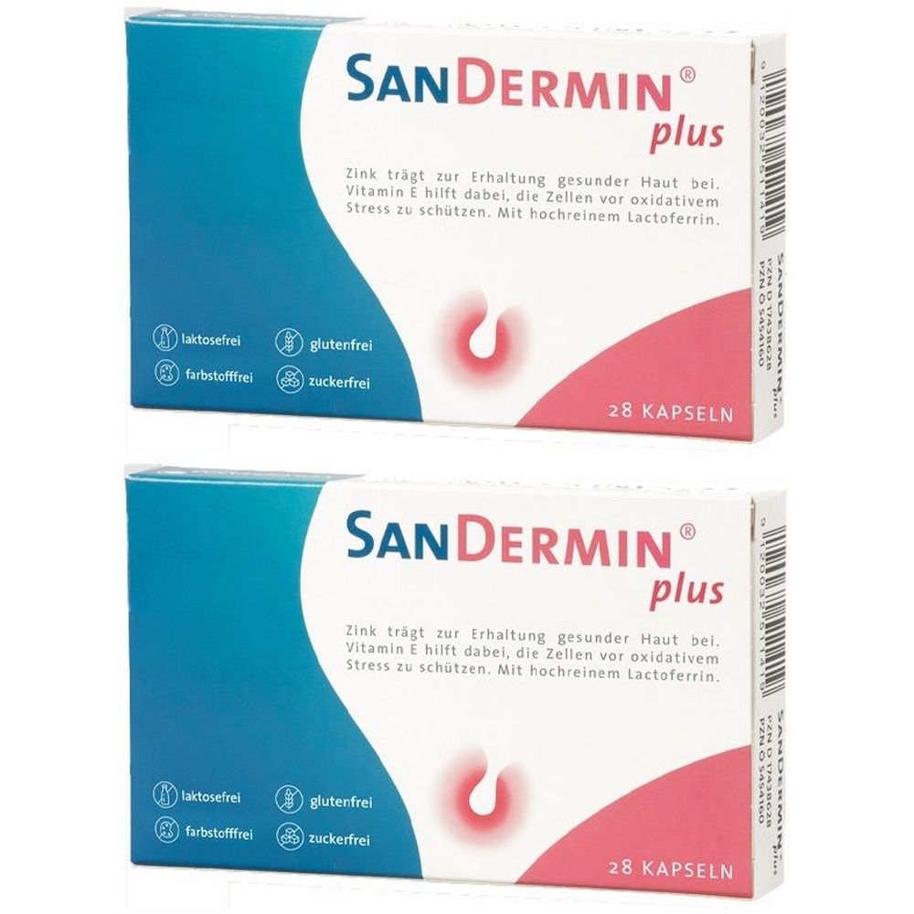 Zwei Schachteln SanDermin®plus. Aufschrift: 28 Kapseln. Logos: laktosefrei, glutenfrei, farbstofffrei, zuckerfrei.