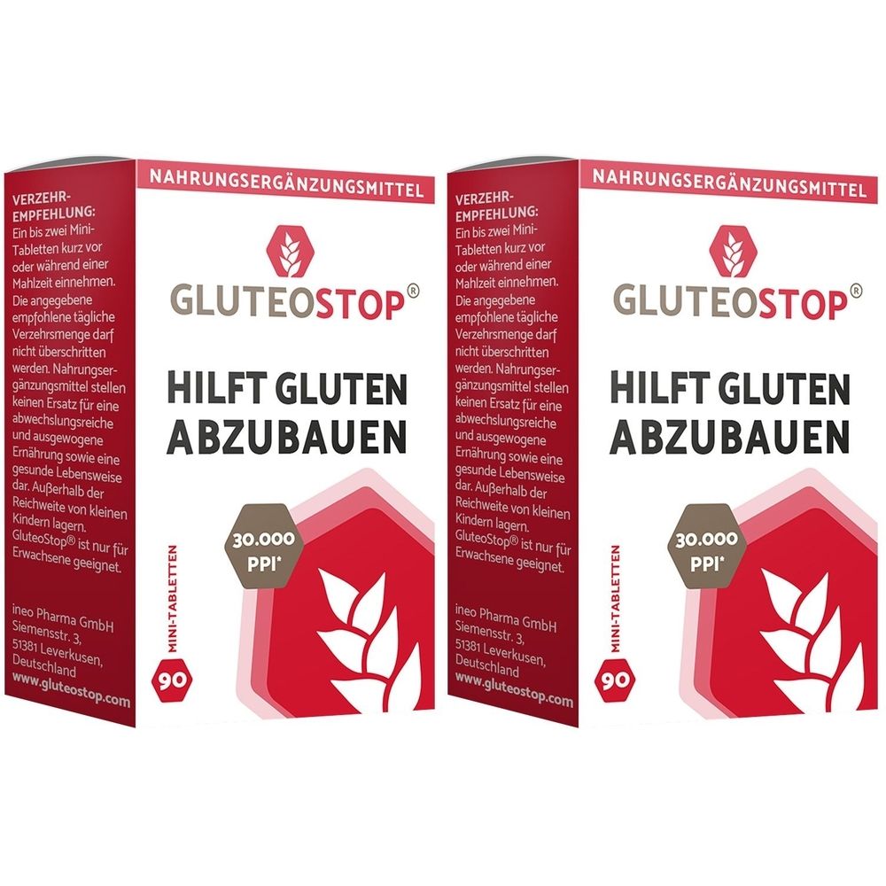 Zwei Packungen GluteoStop. Rote und weiße Verpackung mit Produktnamen, Text und Logo. Enthält 90 Mini-Tabletten.