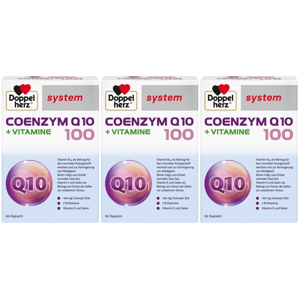Drei Packungen Doppelherz system Coenzym Q10 + Vitamine. Weiße Schachteln mit Produktnamen und Q10-Grafik. 60 Kapseln.