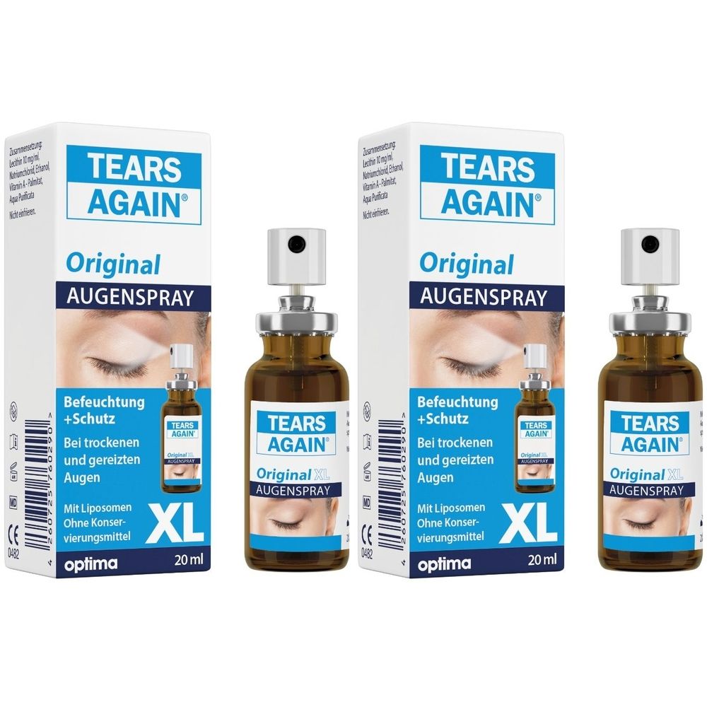 Zwei Flaschen und Verpackungen. Aufschrift: TEARS AGAIN Original Augenspray XL. Braune Flaschen mit Sprühkopf. Weiße Verpackung mit blauer Schrift.