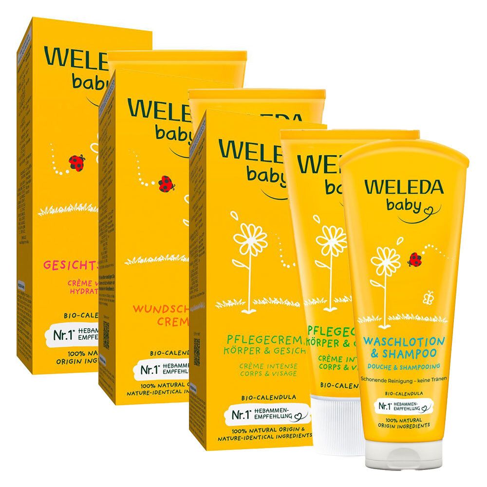 Gelbe Verpackungen und Tuben mit Aufschrift Weleda Baby. Produkte: Gesichtscreme, Wundschutzcreme, Pflegecreme, Waschlotion & Shampoo.