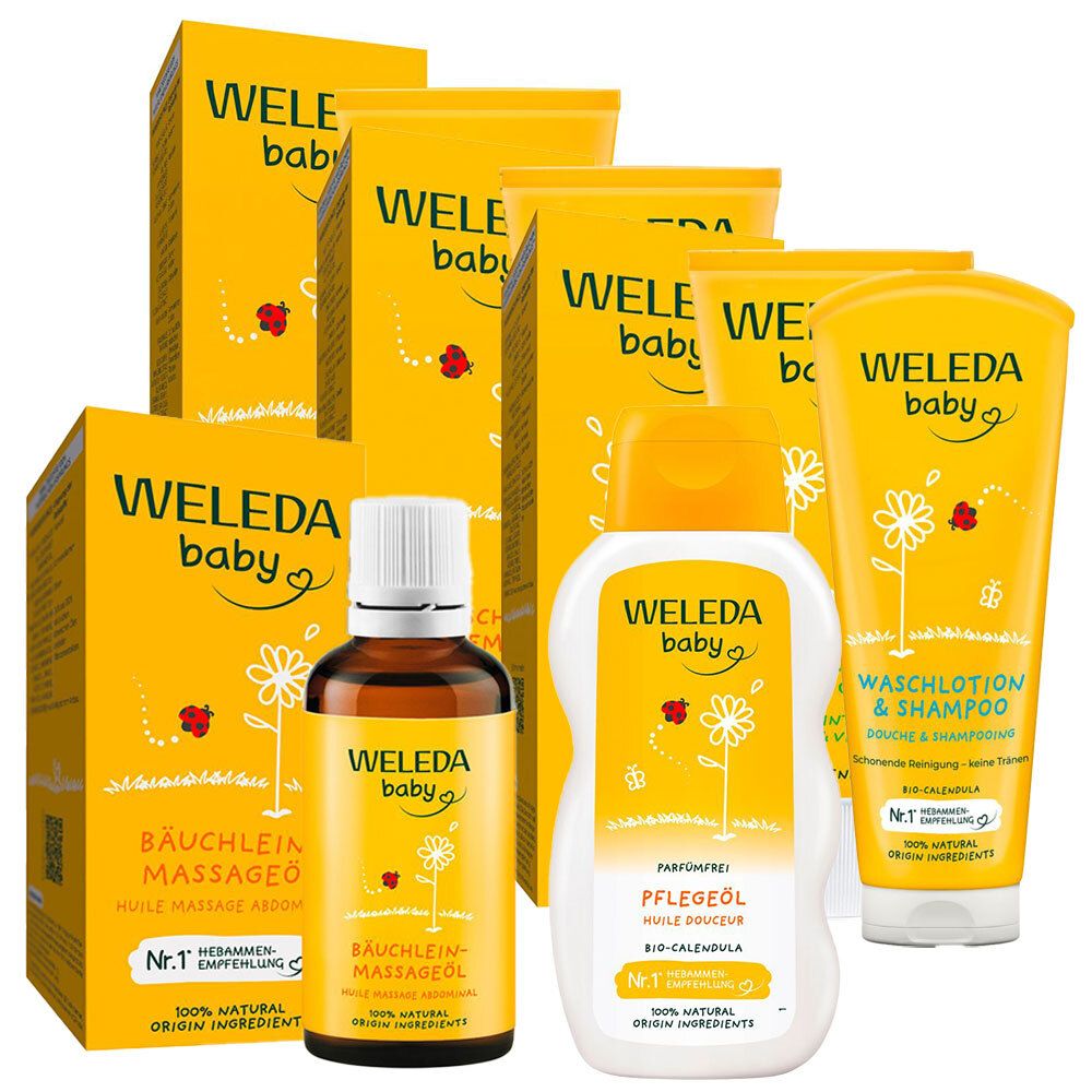 Weleda Baby Pflege-Set. Gelbe Verpackungen und Flaschen. Produkte mit Aufschrift "Baby" und "Bäuchlein Massageöl".