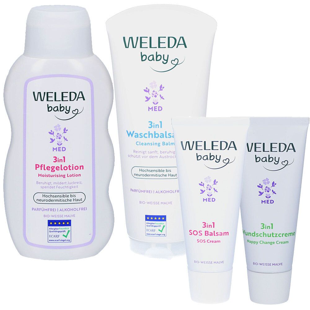 Set mit vier Baby-Pflegeprodukten. Enthalten sind Lotion, Waschbalsam, SOS Balsam und Wundschutzcreme. Alle Produkte tragen den Markennamen Weleda Baby.