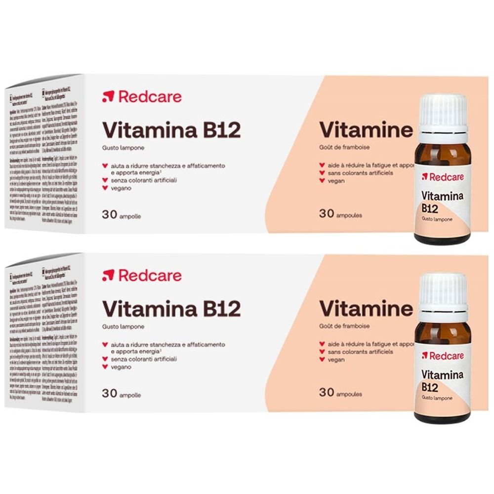 Zwei Schachteln und eine Ampulle Redcare Vitamin B12. Aufschrift: Vitamin B12, 30 Ampullen. Flasche mit weißem Deckel.