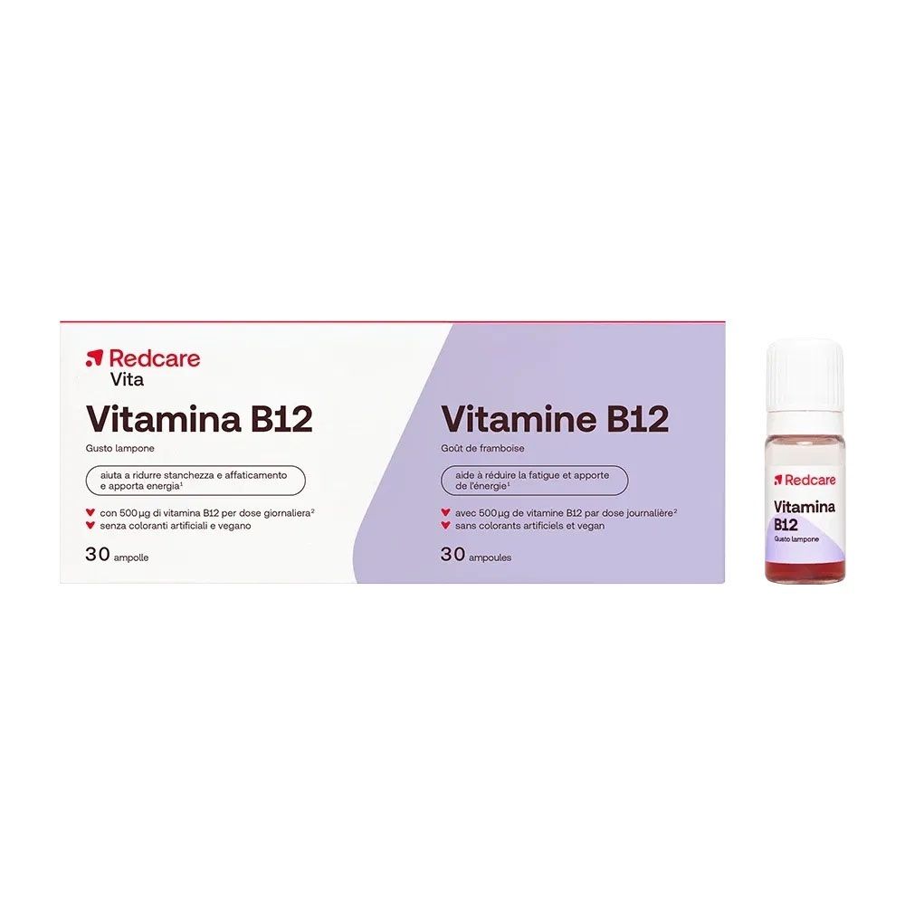 Eine Packung Redcare Vita Vitamin B12 und eine einzelne Ampulle.