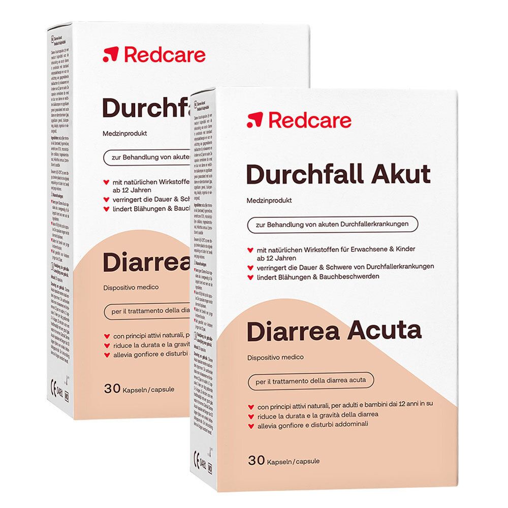 Zwei weiße Kartons mit Produktnamen „Durchfall Akut“ und Marke „Redcare“. Text in Deutsch und Italienisch. 30 Kapseln.