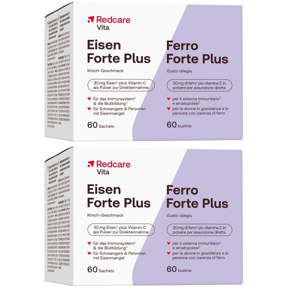 Zwei Schachteln Redcare Vita Eisen Forte Plus. Aufschrift: 60 Sachets. Enthält Eisen und Vitamin C. Für Immunsystem und Schwangere.