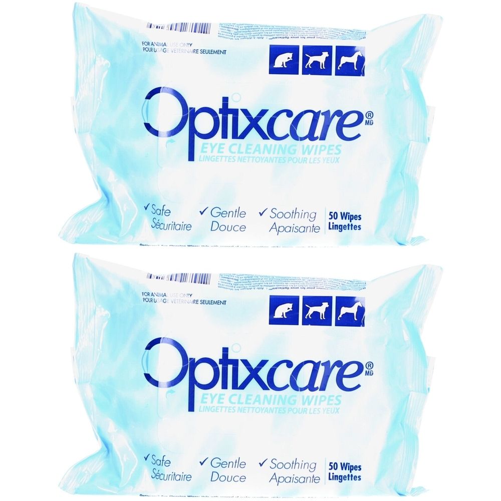 Zwei Packungen Optixcare Eye Cleaning Wipes. Blaue Verpackung mit Produktnamen und Logos. Enthält 50 Tücher.